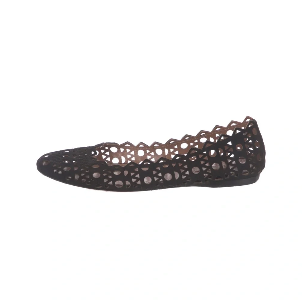 ALAIA SUEDE LEATHER BLACK LASERCUT ACCENT BALLET FLATS SHOES 37.5 7.5